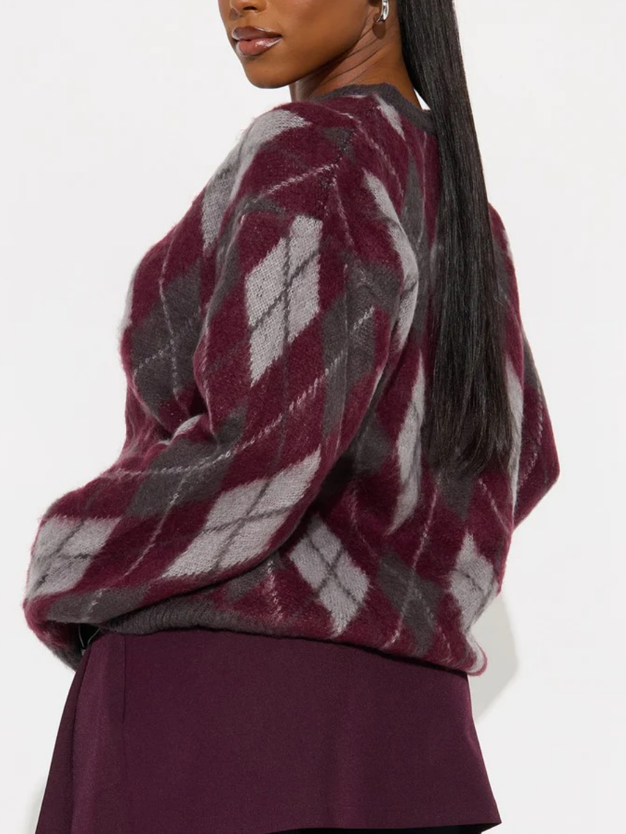 Chic Happens Argyle Sweater - Burgundy/combo