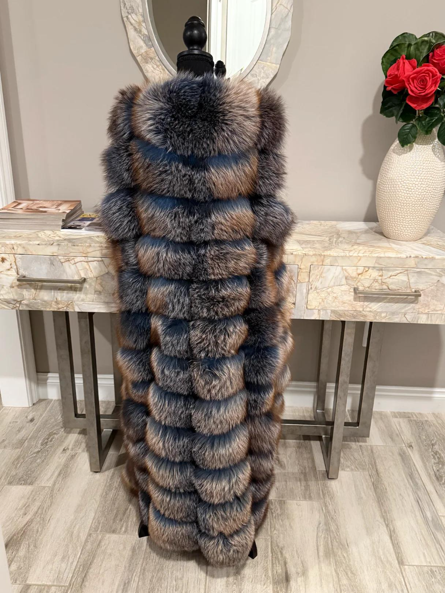 blue fur coat