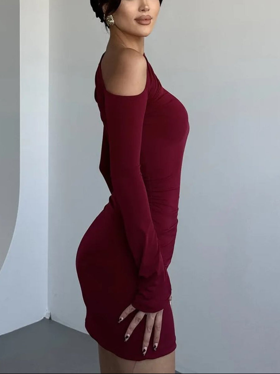 Elegant solid color knitted long-sleeved dress for women