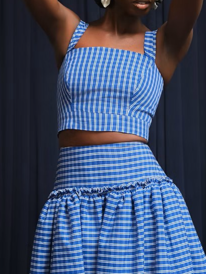 Blue Gingham High-Waisted A-Line Midi Skirt