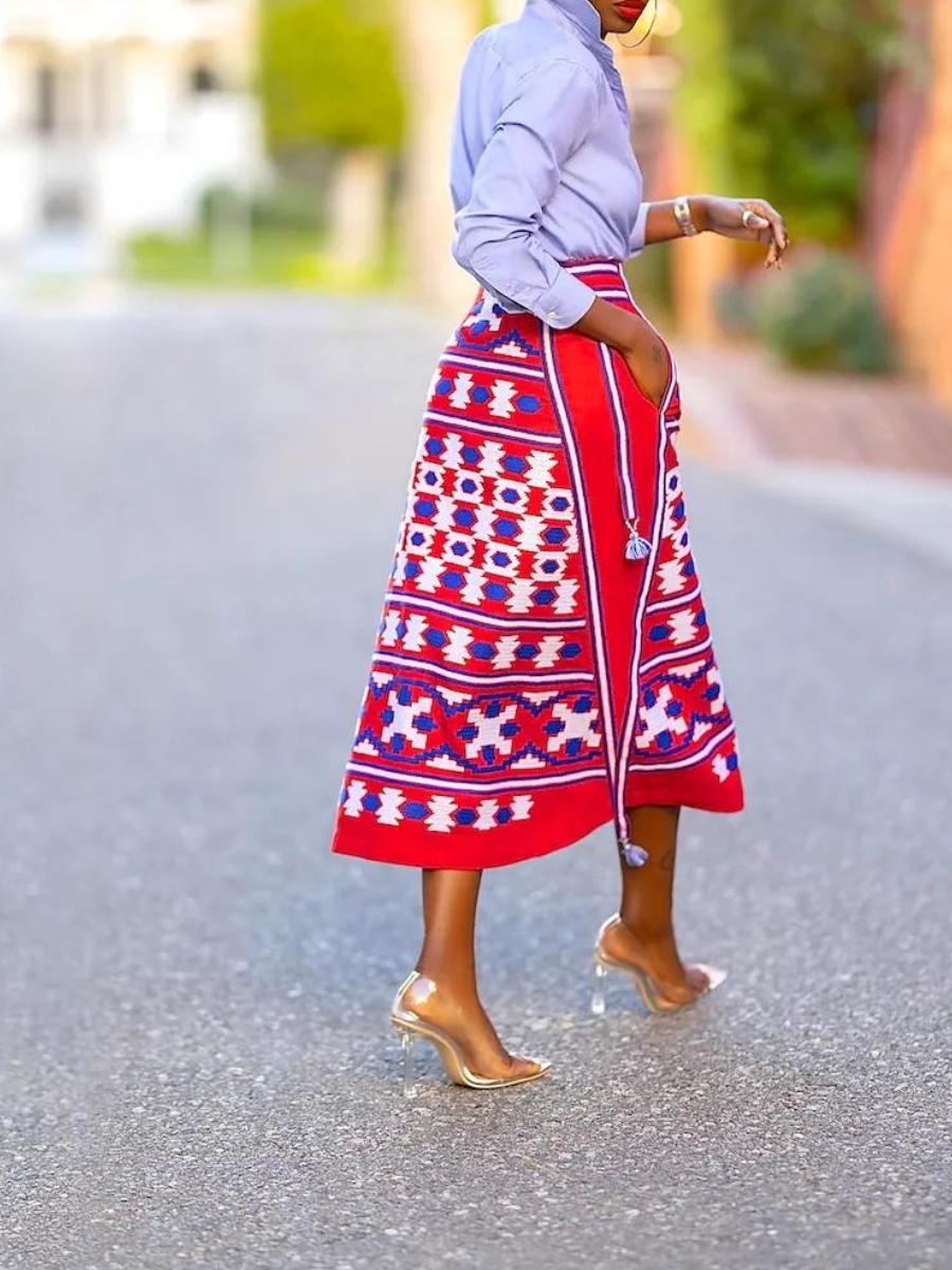 Embroidered Tribal Pattern A-Line Midi Skirt
