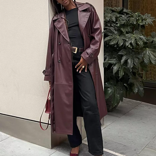 Burgundy Faux Leather Trench Coat