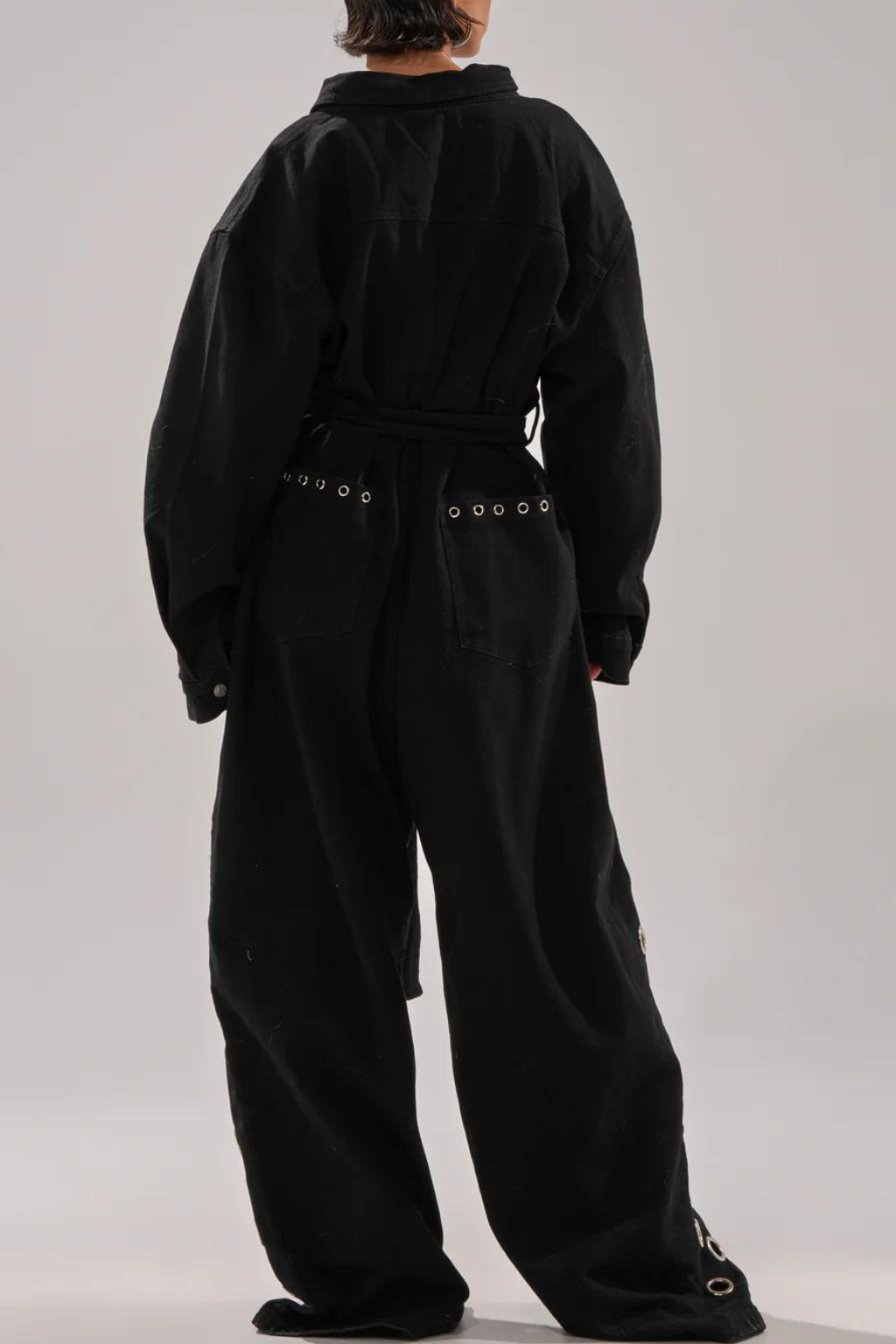 Black Denim Eyelet Wide-Leg Jumpsuit