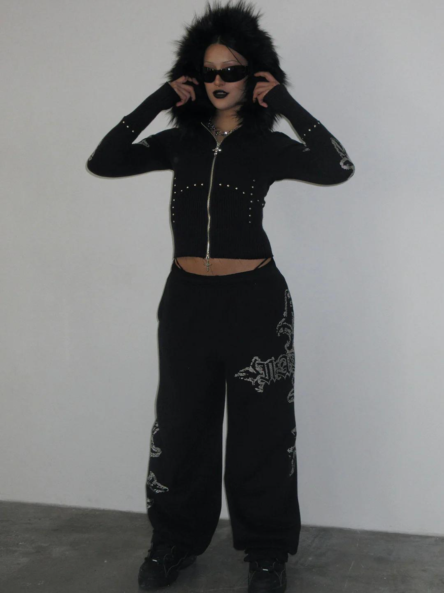 Black Goth Punk Faux Fur Hooded Knit Jacket