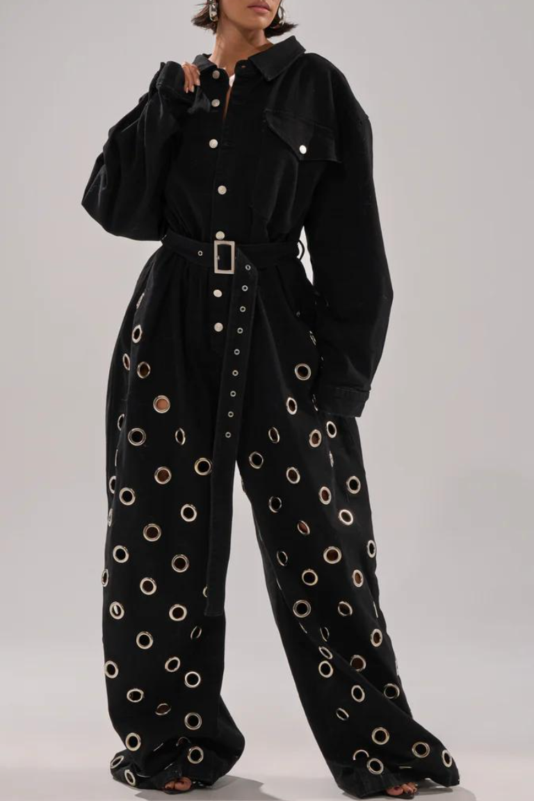 Black Denim Eyelet Wide-Leg Jumpsuit