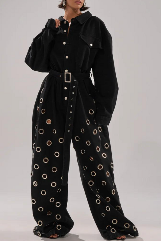 Black Denim Eyelet Wide-Leg Jumpsuit