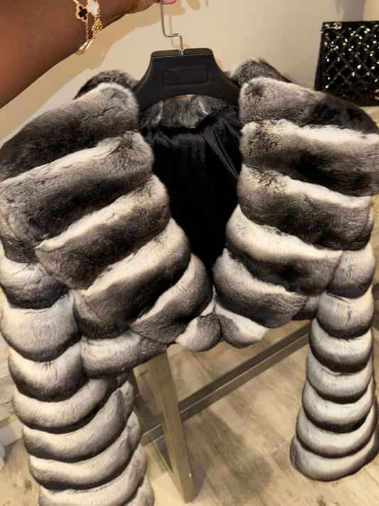 Silver-gray gradient patchwork faux fur short coat