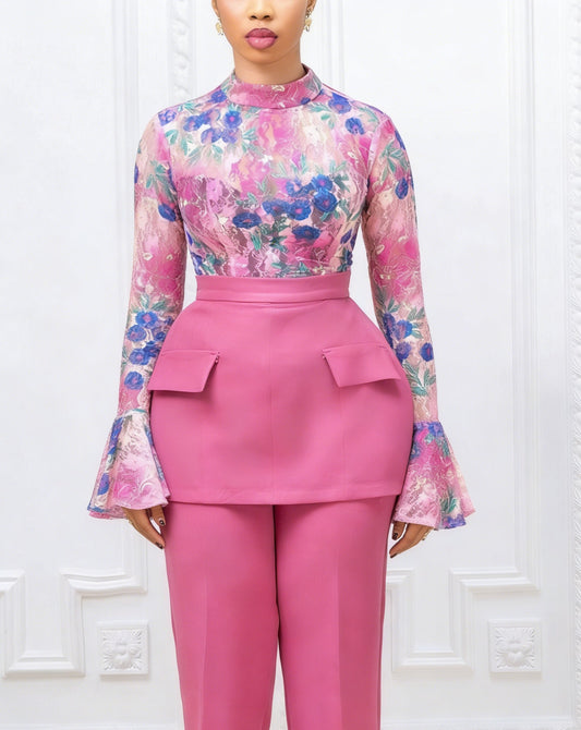 Pink Floral Mesh & Tailored  Set