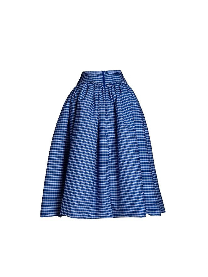 Blue Gingham High-Waisted A-Line Midi Skirt