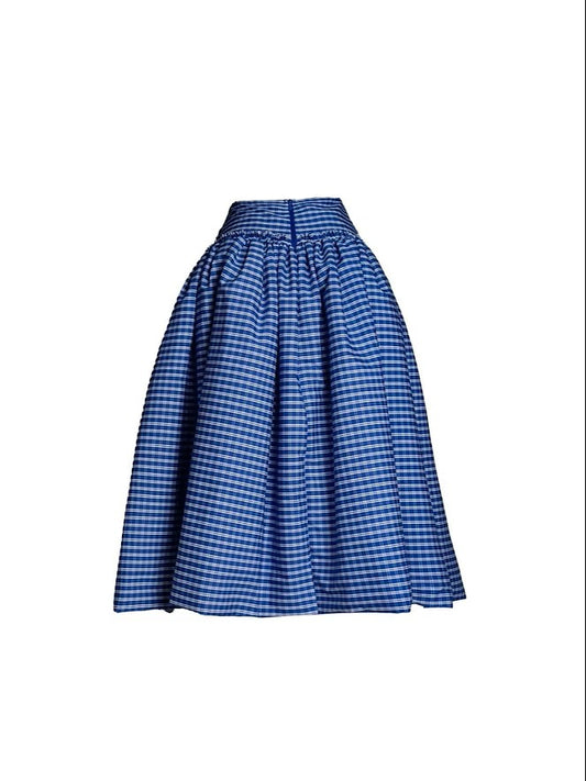 Blue Gingham High-Waisted A-Line Midi Skirt