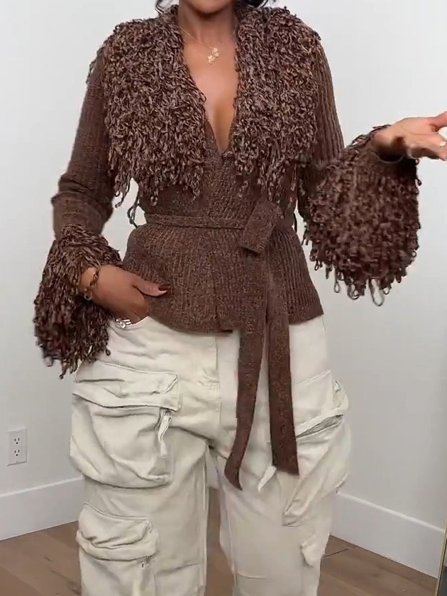 Fringe Tie Waist Deep V Neck Cardigan