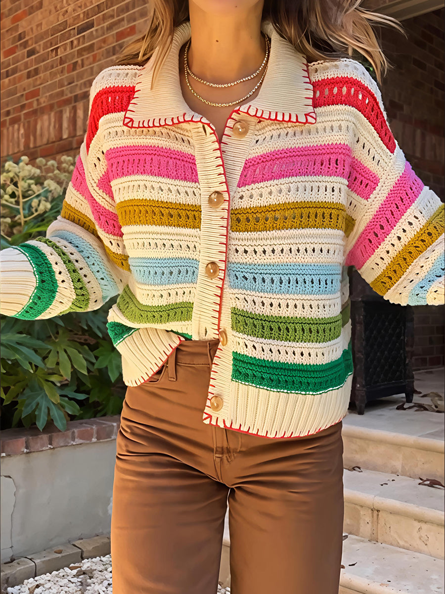 Rainbow Stripe Hollowed Out Cardigan