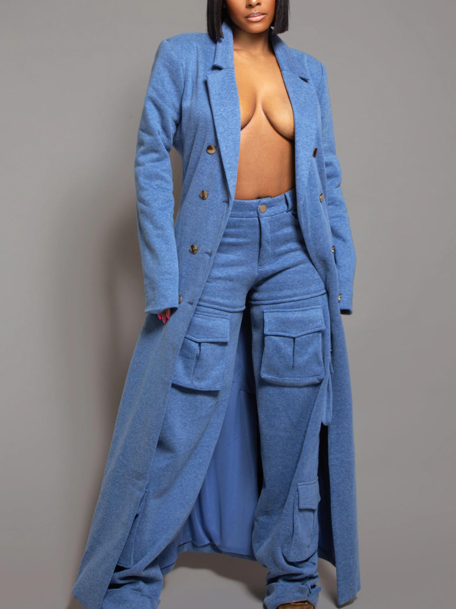 Denim-Blue Brushed Fabric Oversized Coat & Cargo Pants Co-Ord Set