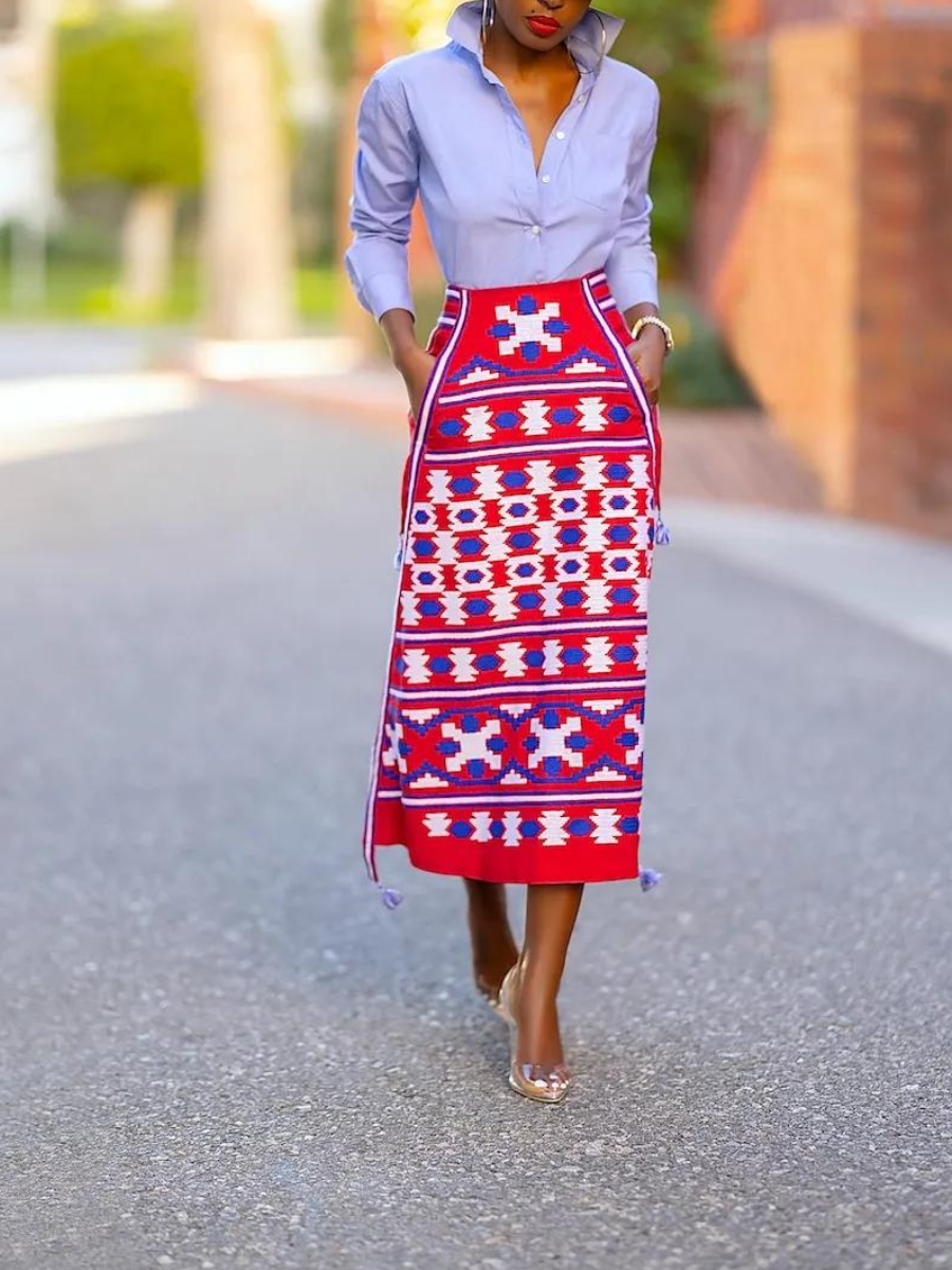Embroidered Tribal Pattern A-Line Midi Skirt