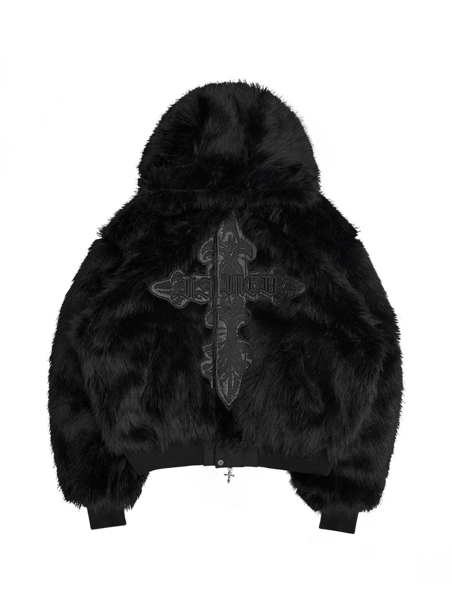 Black Goth Faux Fur Hooded Jacket with Embossed Cross
