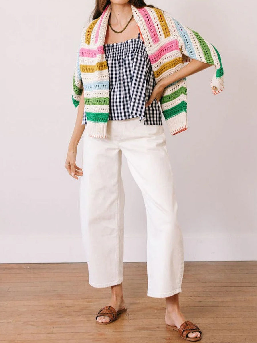 Rainbow Stripe Hollowed Out Cardigan