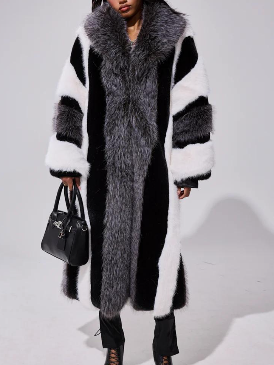 Black & White Patchwork Faux Fur Maxi Coat