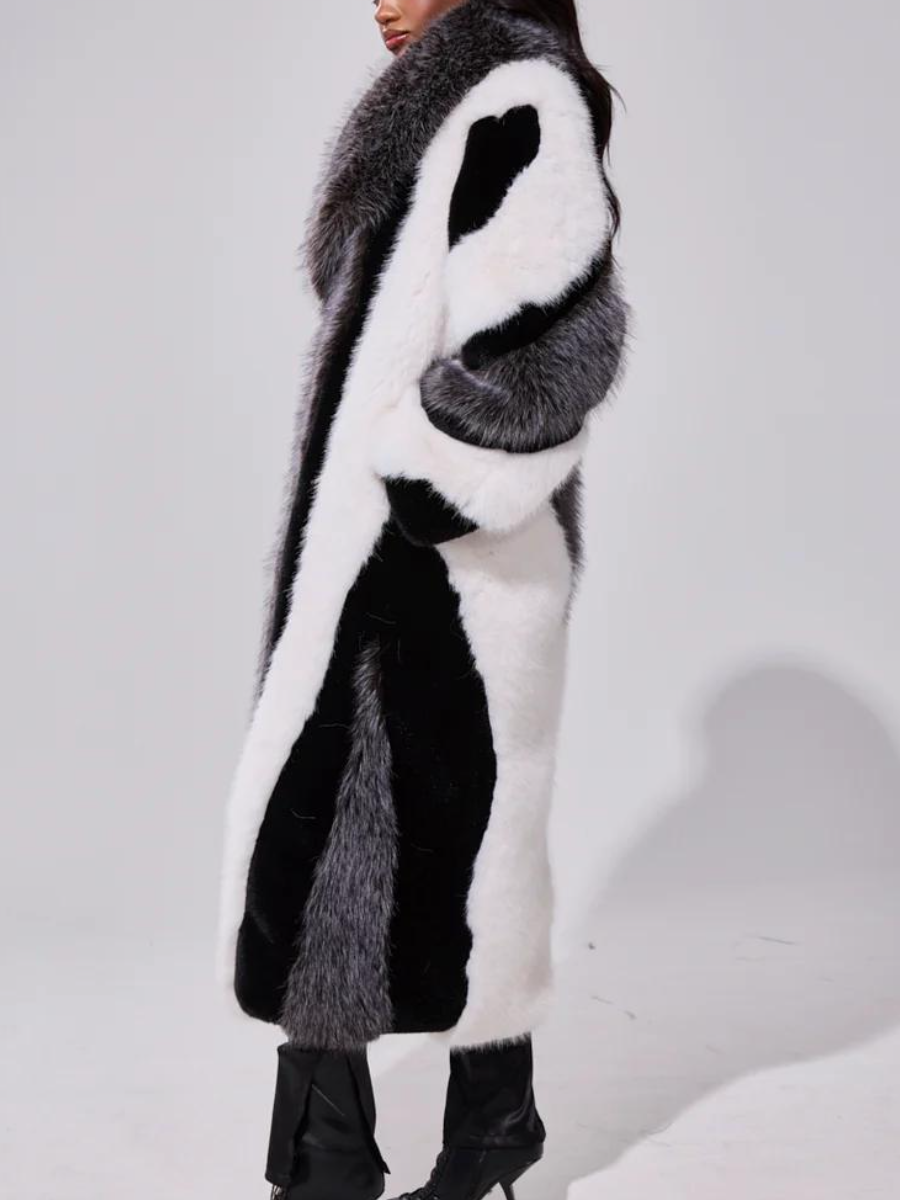 Black & White Patchwork Faux Fur Maxi Coat