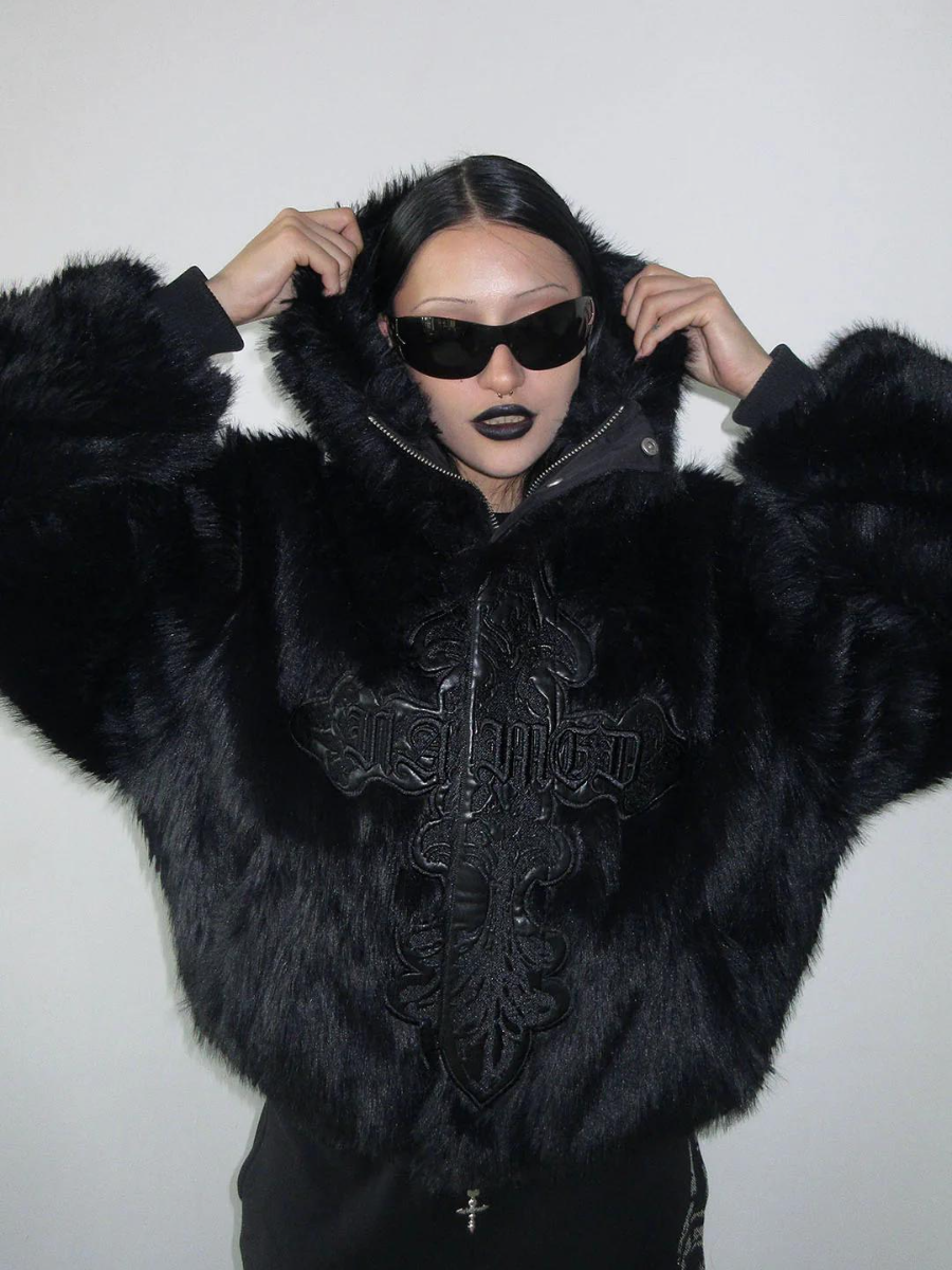 Black Goth Faux Fur Hooded Jacket with Embossed Cross