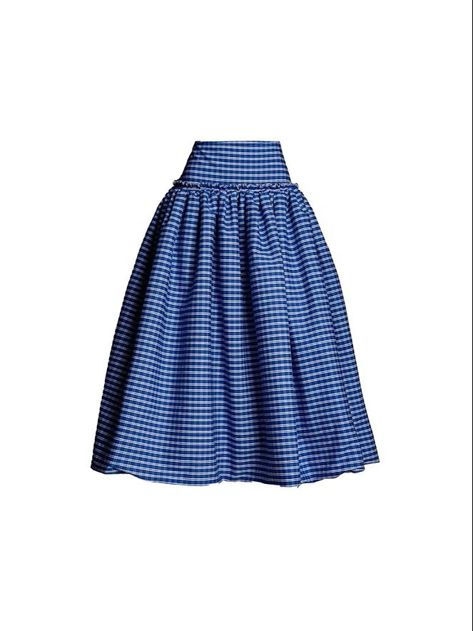 Blue Gingham High-Waisted A-Line Midi Skirt