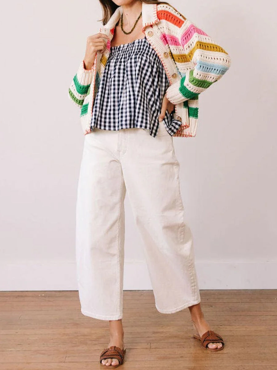 Rainbow Stripe Hollowed Out Cardigan