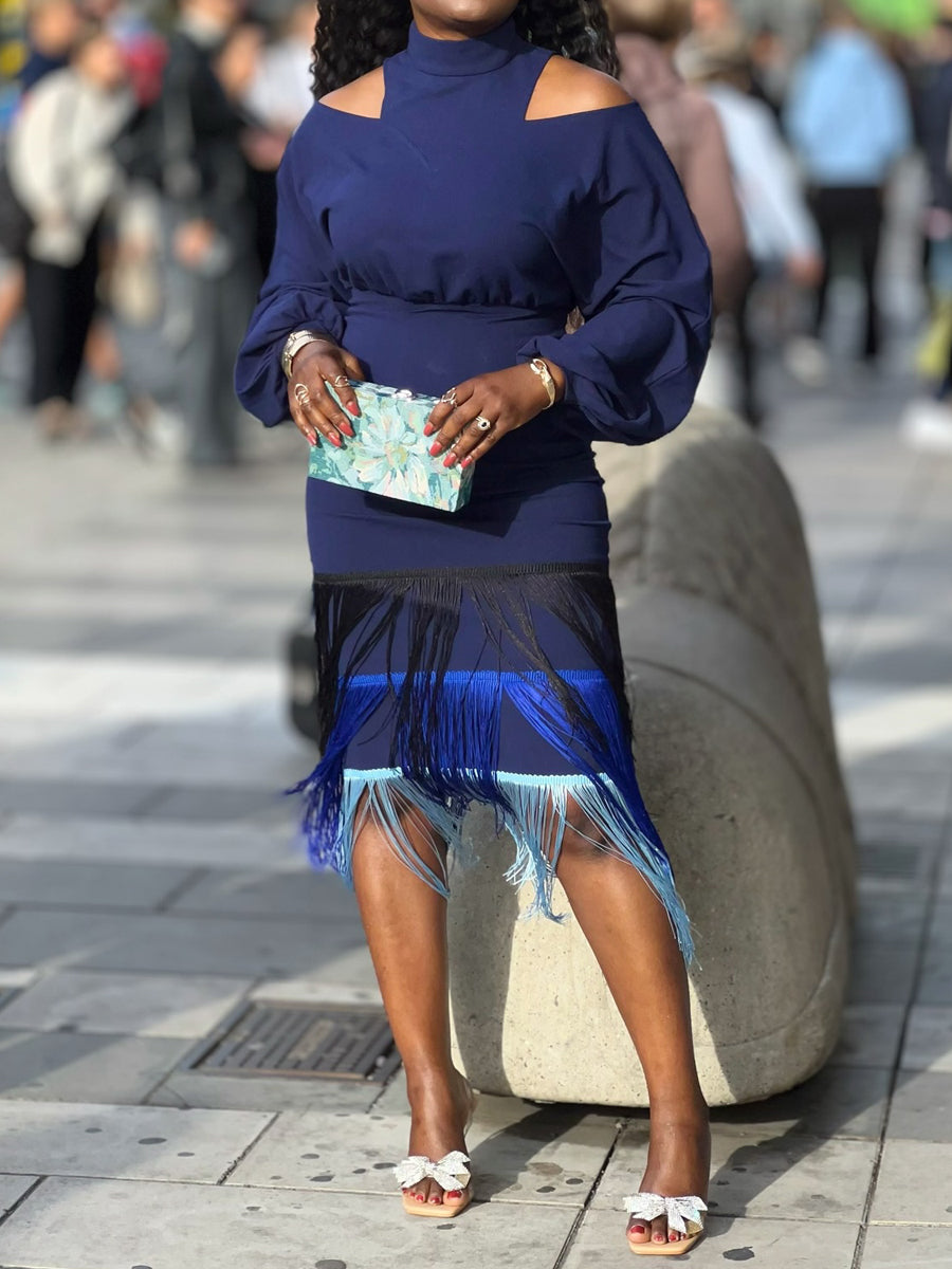 Cold Shoulder Fringed Edge Dress