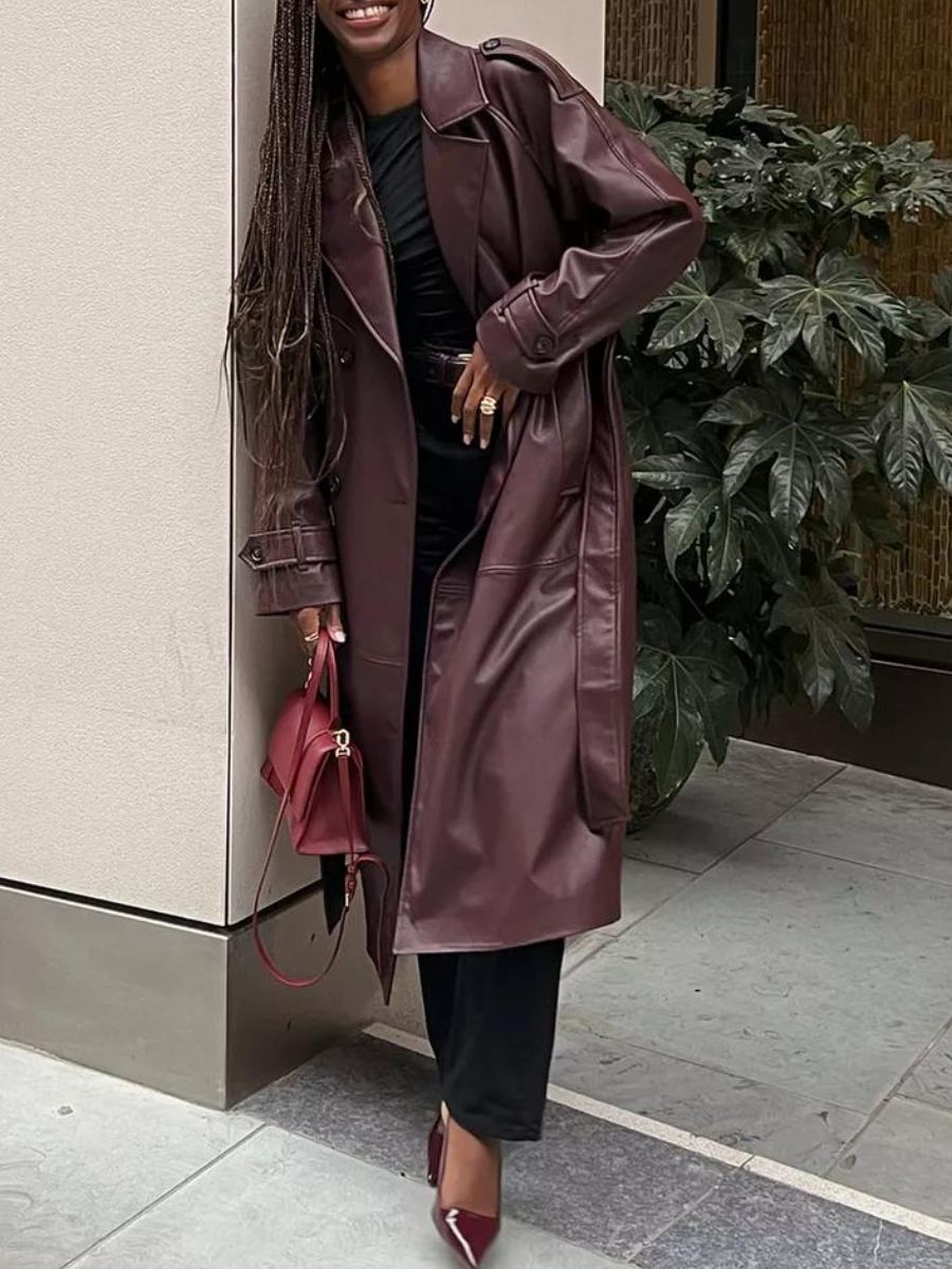 Burgundy Faux Leather Trench Coat