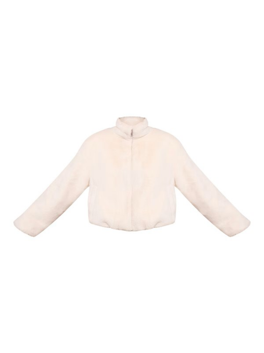 White Plush Faux Fur Cropped Bomber Style Coat