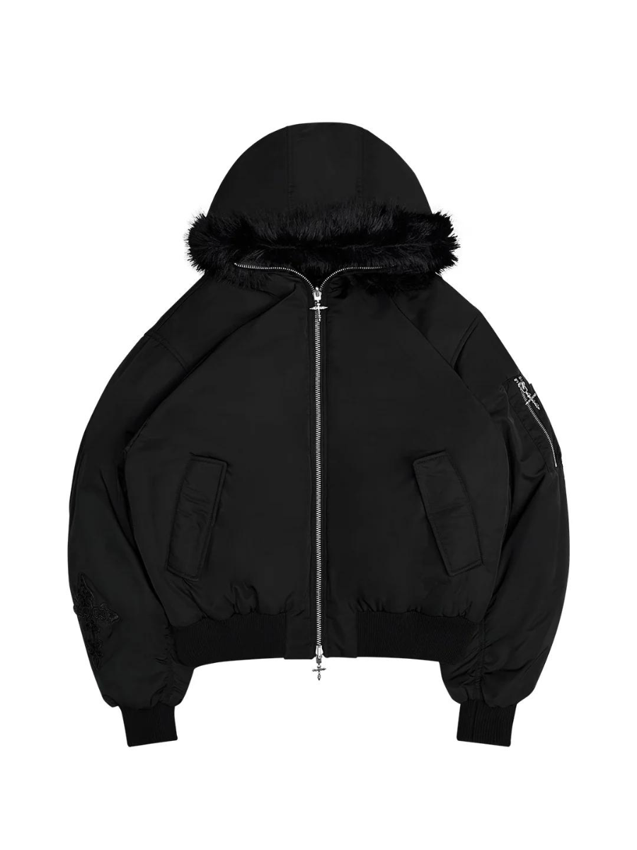 Black Goth Faux Fur Hooded Jacket with Embossed Cross