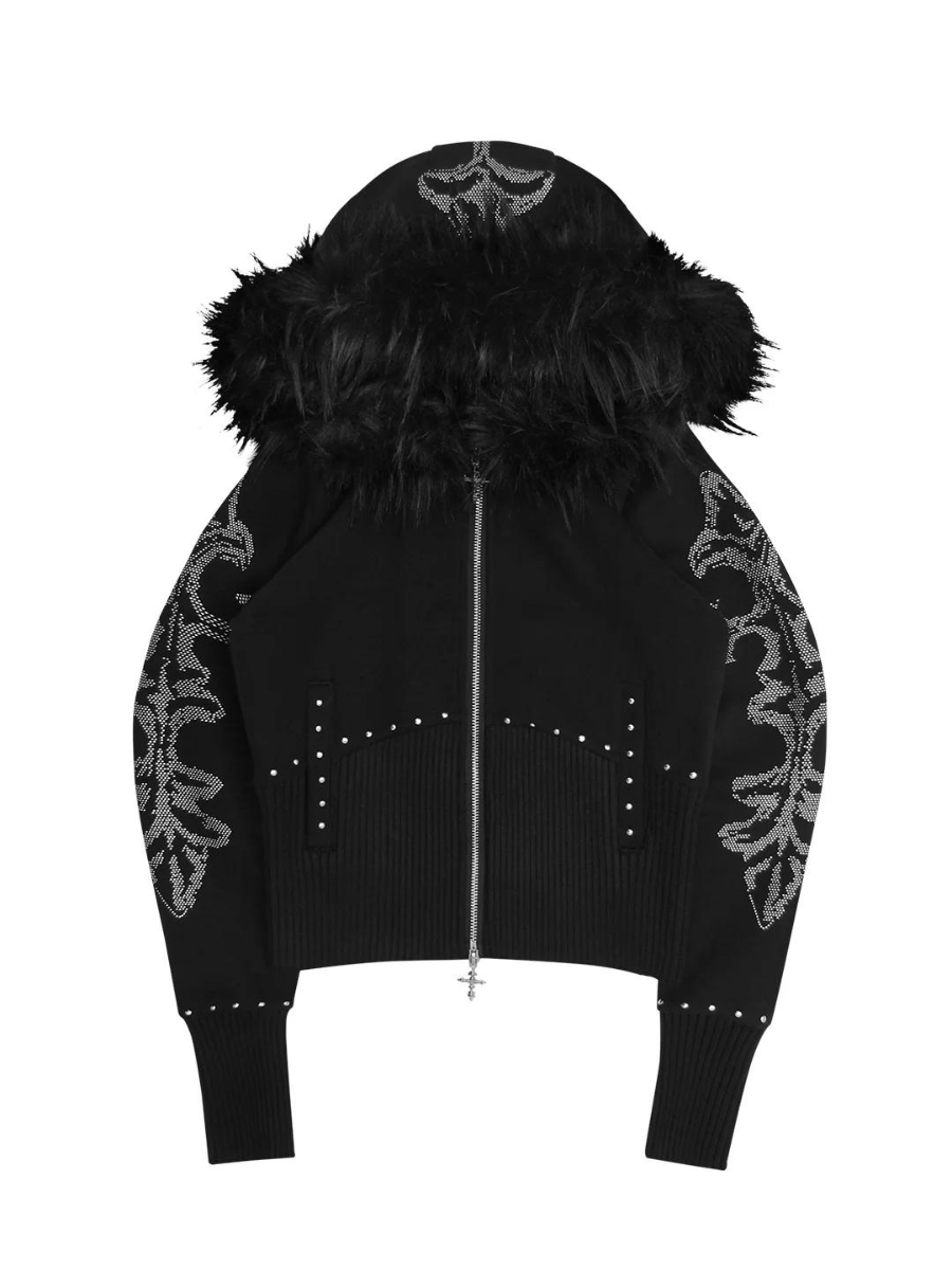 Black Goth Punk Faux Fur Hooded Knit Jacket