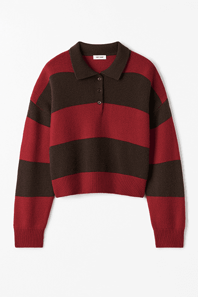 Red & Chocolate Brown Striped Knit Polo Sweater