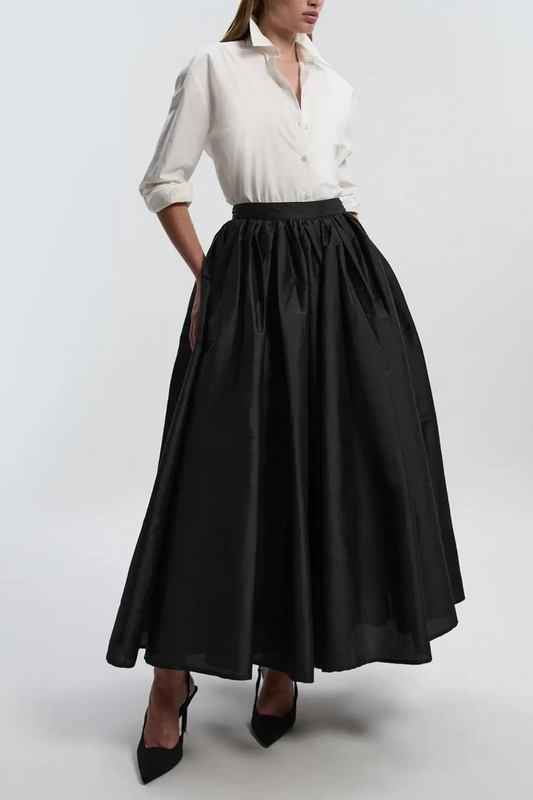 Black Taffeta Voluminous Midi Skirt