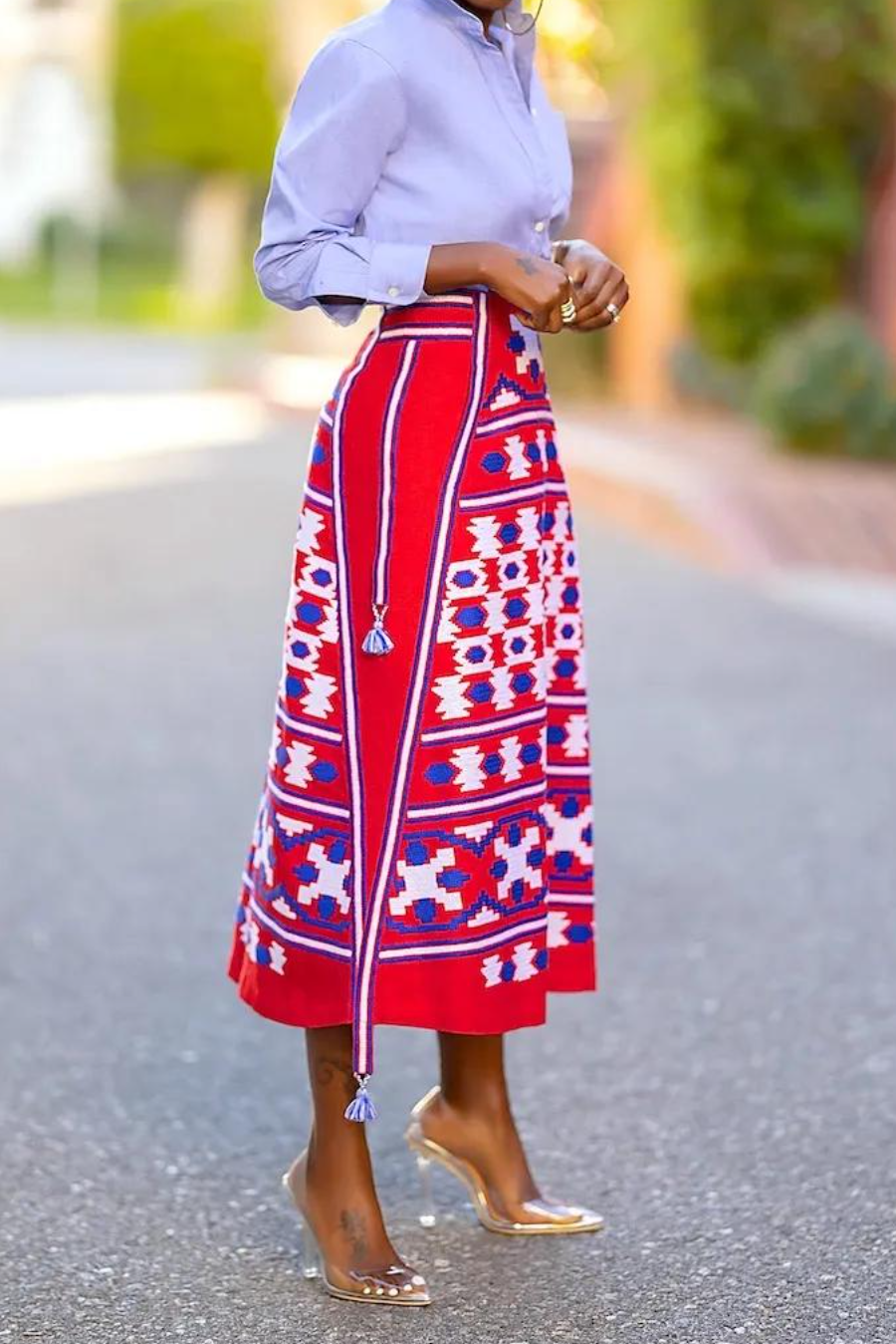 Embroidered Tribal Pattern A-Line Midi Skirt
