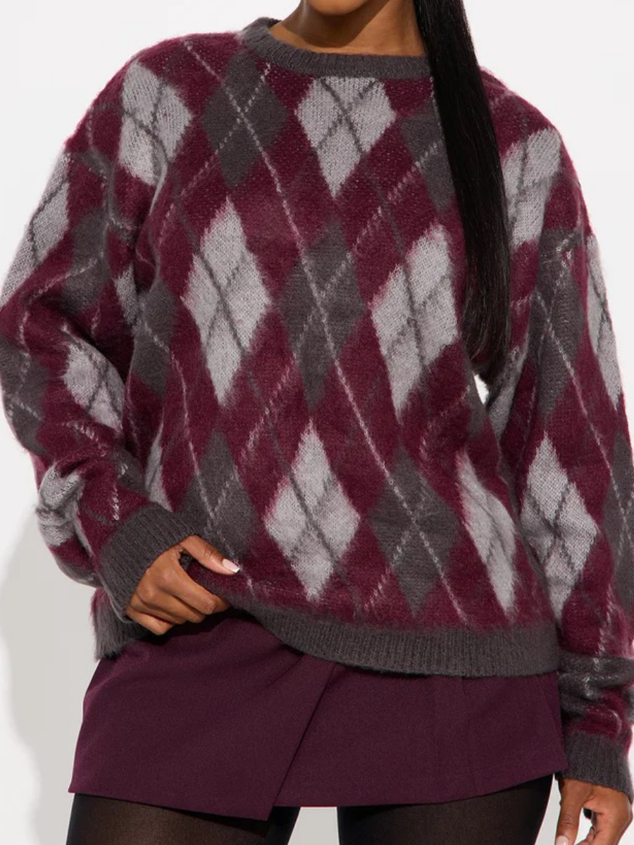 Chic Happens Argyle Sweater - Burgundy/combo