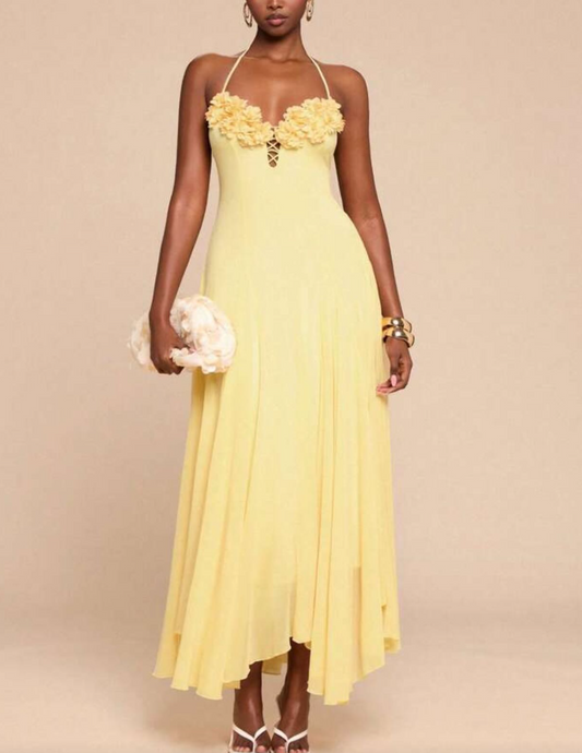 Yellow Floral Applique Halter Maxi Dress