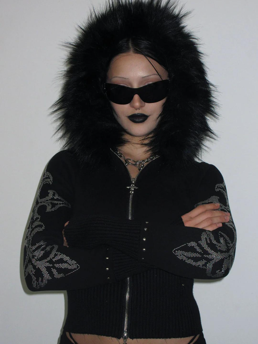 Black Goth Punk Faux Fur Hooded Knit Jacket