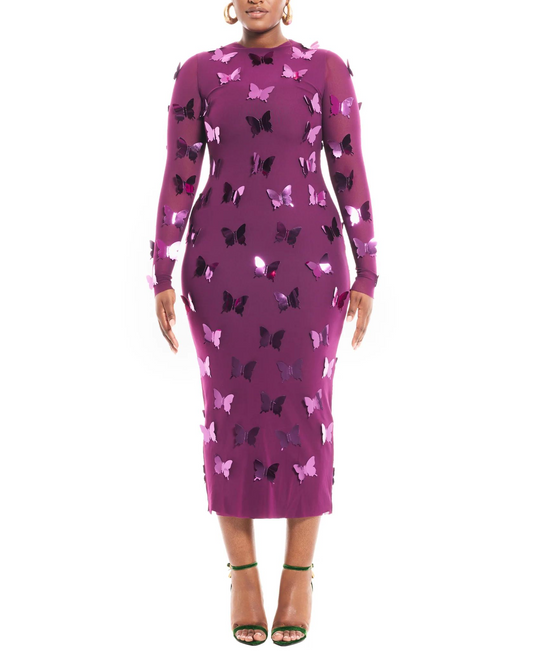Plus Size Plum 3D Butterfly Mesh Midi Dress