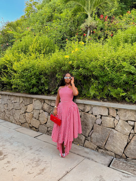 Red Gingham Halter Neck Asymmetric Hem Maxi Dress