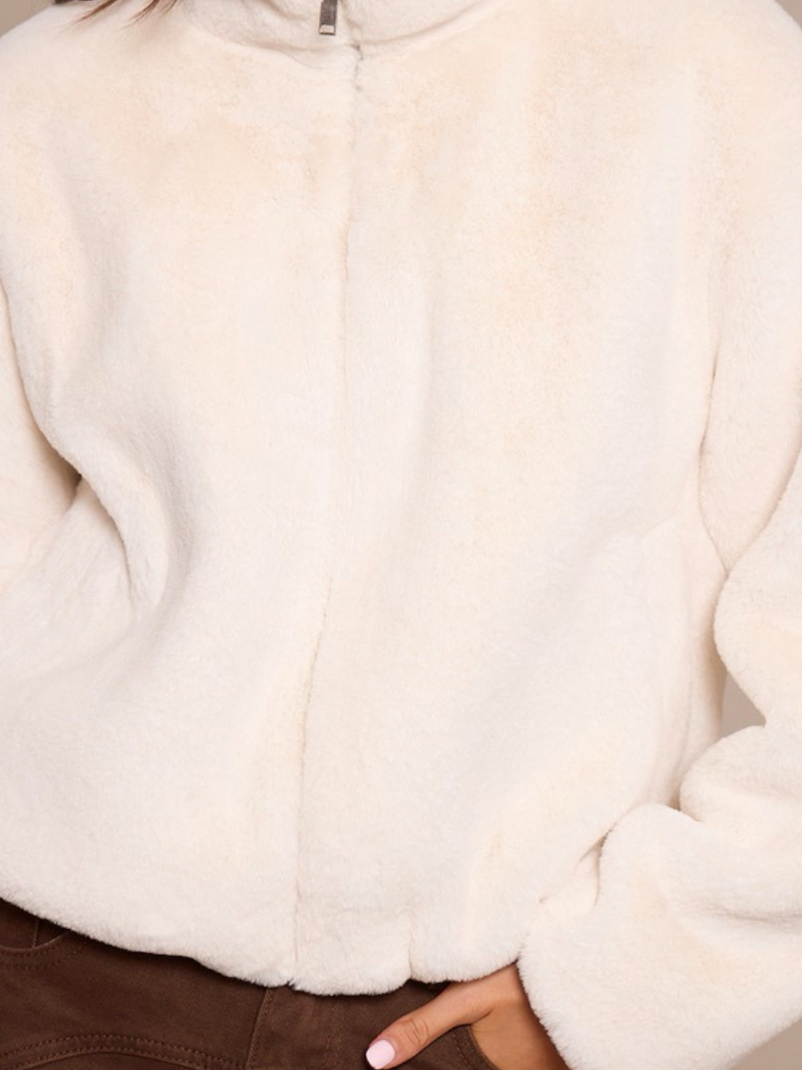 White Plush Faux Fur Cropped Bomber Style Coat