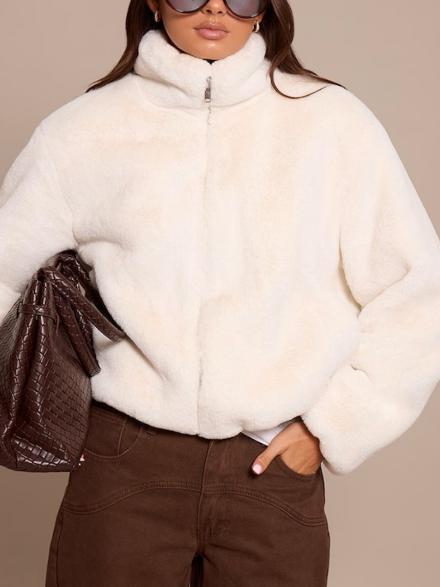 White Plush Faux Fur Cropped Bomber Style Coat
