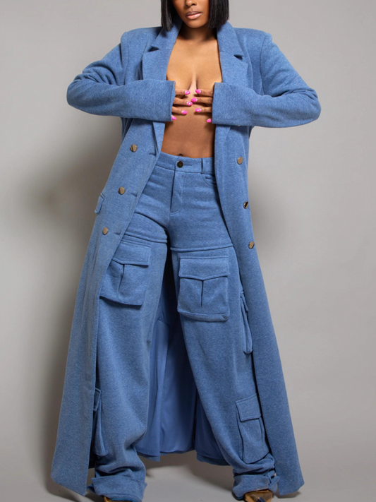 Denim-Blue Brushed Fabric Oversized Coat & Cargo Pants Co-Ord Set
