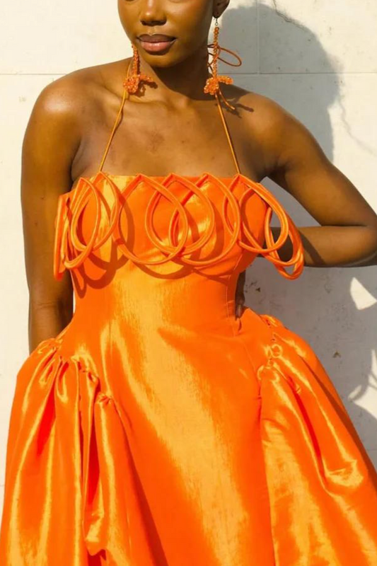 Orange 3D Loop Halter Neck Satin Ball Gown