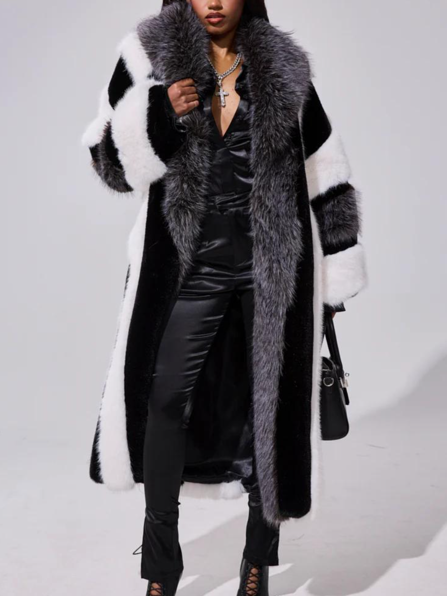Black & White Patchwork Faux Fur Maxi Coat