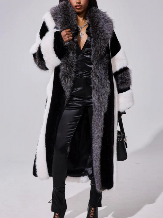 Black & White Patchwork Faux Fur Maxi Coat