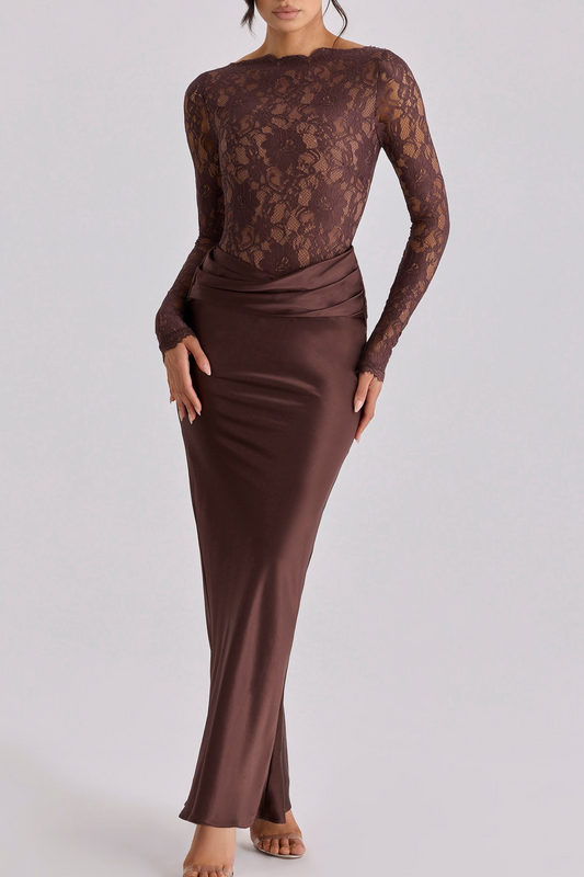 Chocolate Lace & Satin Maxi Dress