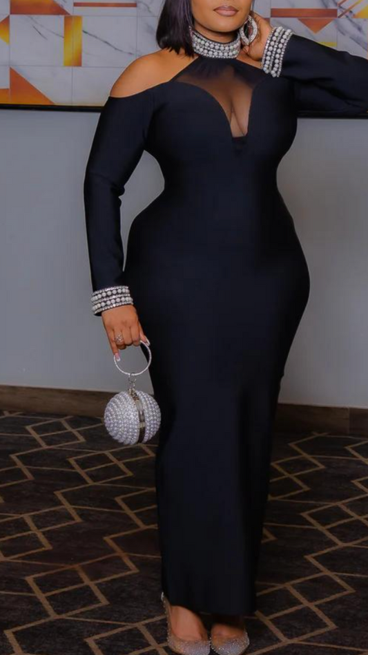 Black Crystal-Trimmed Off-Shoulder Maxi Dress