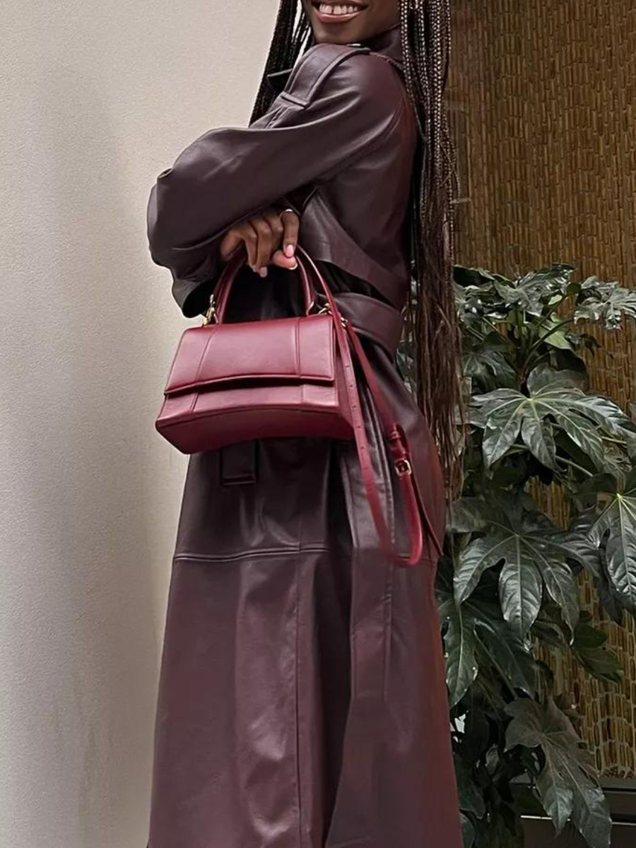 Burgundy Faux Leather Trench Coat