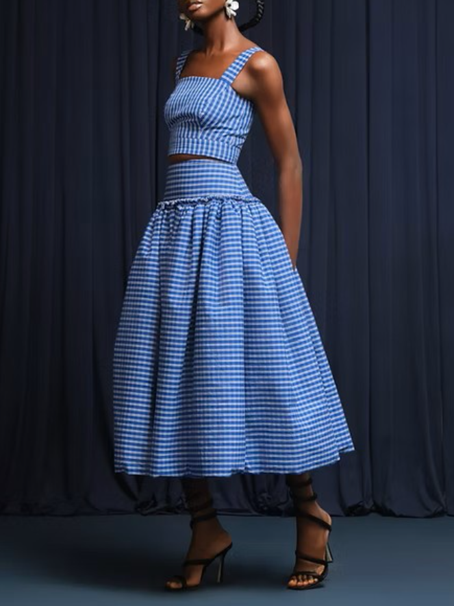 Blue Gingham High-Waisted A-Line Midi Skirt