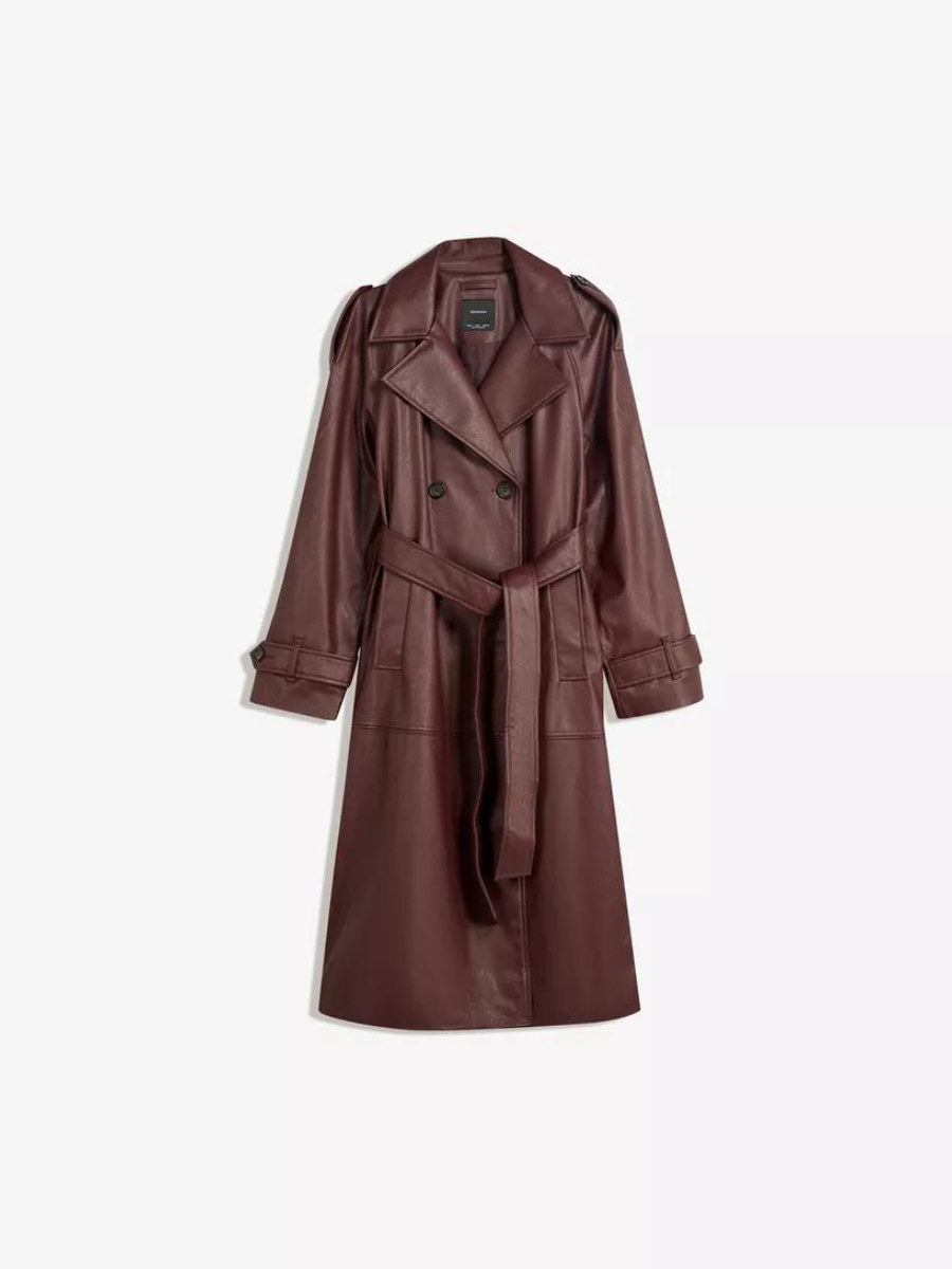 Burgundy Faux Leather Trench Coat
