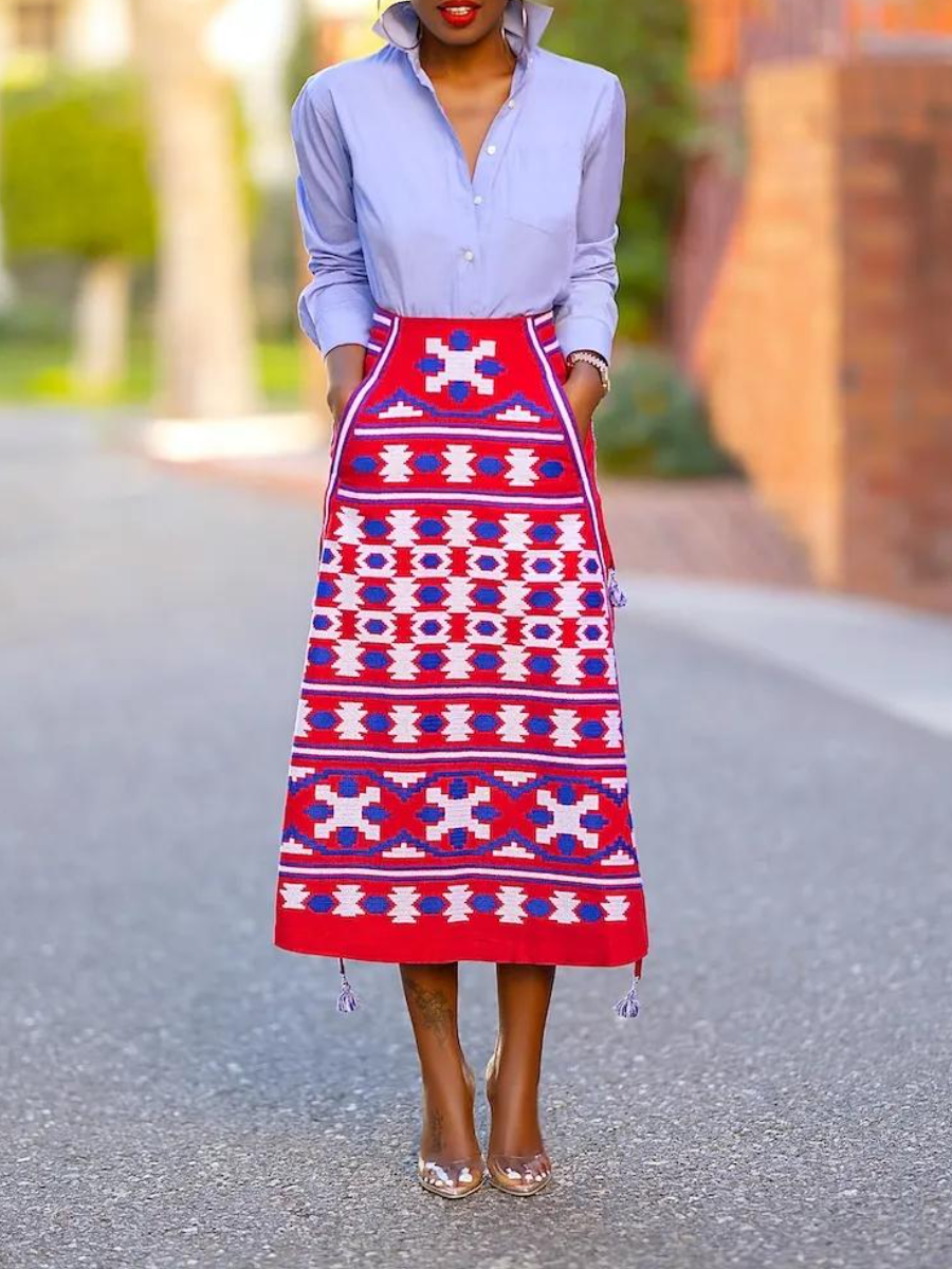 Embroidered Tribal Pattern A-Line Midi Skirt